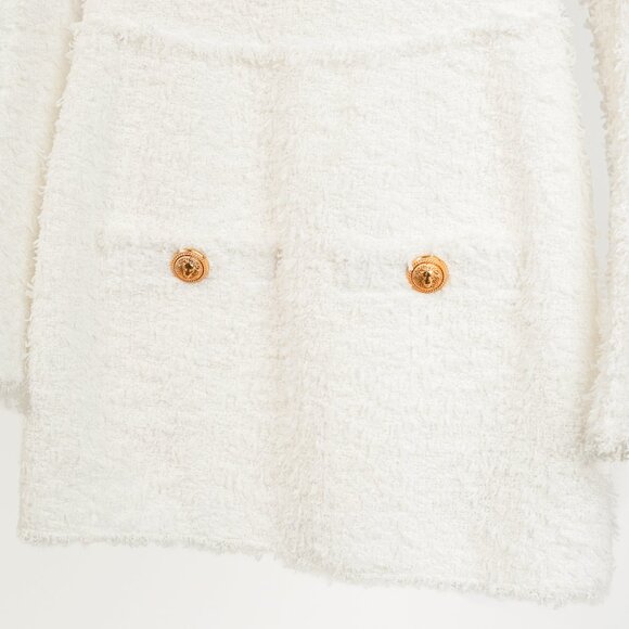 Balmain White Tweed Button-Embellished Long-Sleeve Mini Dress - Picture 7 of 13